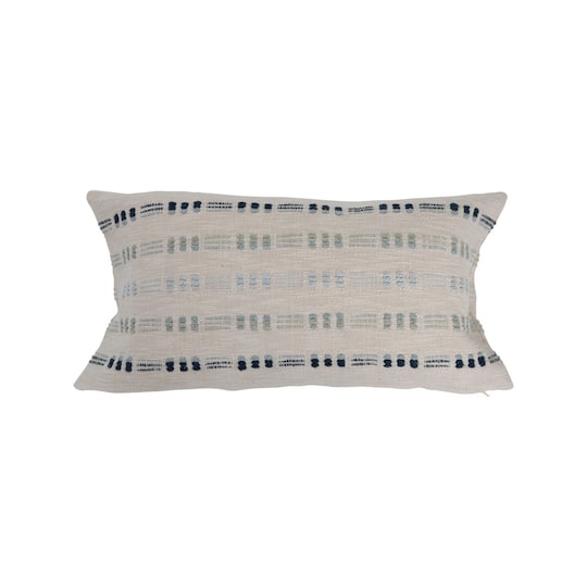 Blue &#x26; White Embroidered Cotton Lumbar Pillow